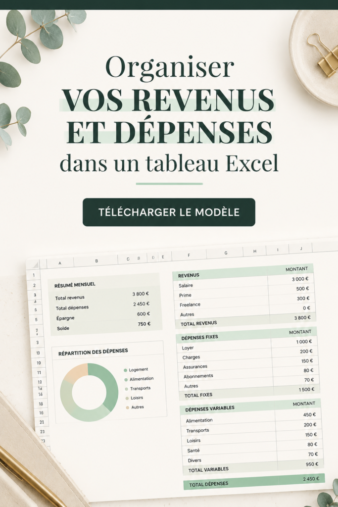 Capture d'écran d'un tableau de budget Excel bien organisé avec des colonnes pour les revenus et les dépenses.