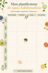 Planificateur de repas hebdomadaire avec des idées saines et colorées.