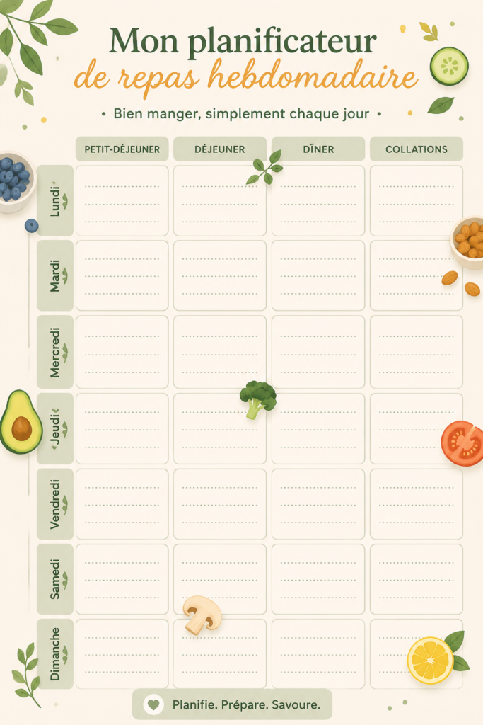 Planificateur de repas hebdomadaire avec des idées saines et colorées.