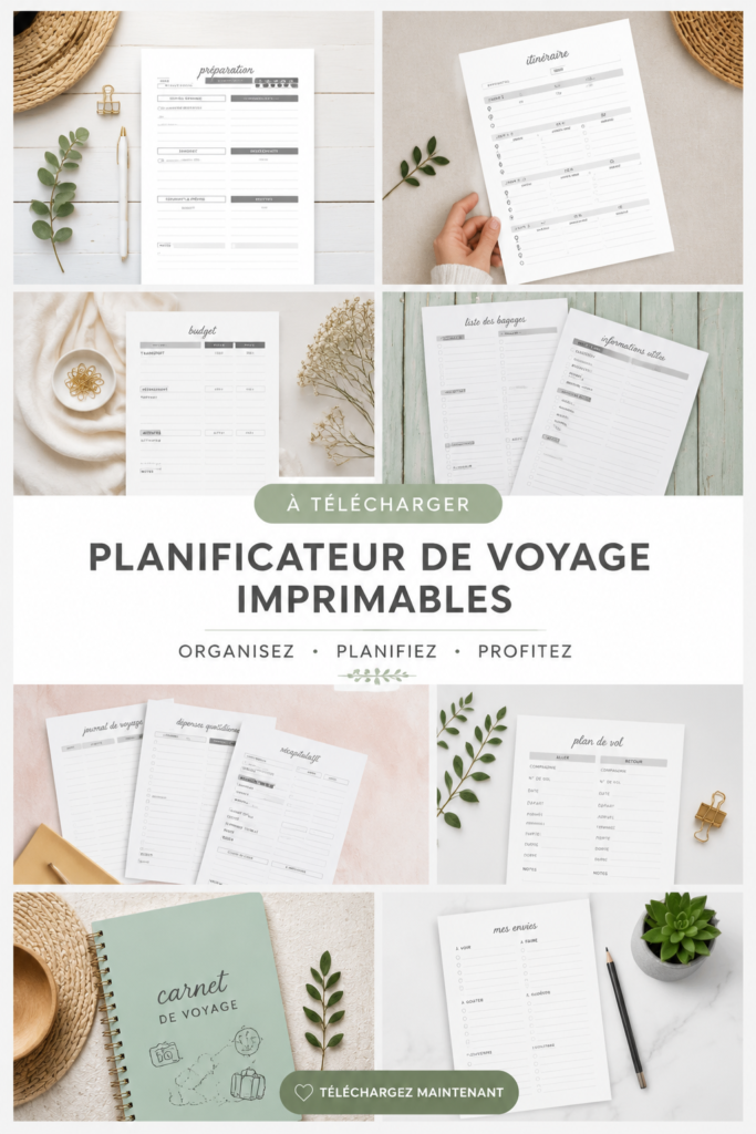 Une femme souriante utilise un planificateur de voyage imprimable pour organiser son prochain voyage.