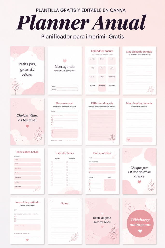 Image d'un planner annuel personnalisé créé sur Canva, adapté à l'organisation personnelle.