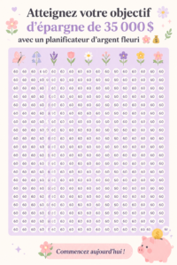 Un planner d'épargne floral ouvert avec des feuilles colorées et un stylo, symbolisant une gestion financière créative.