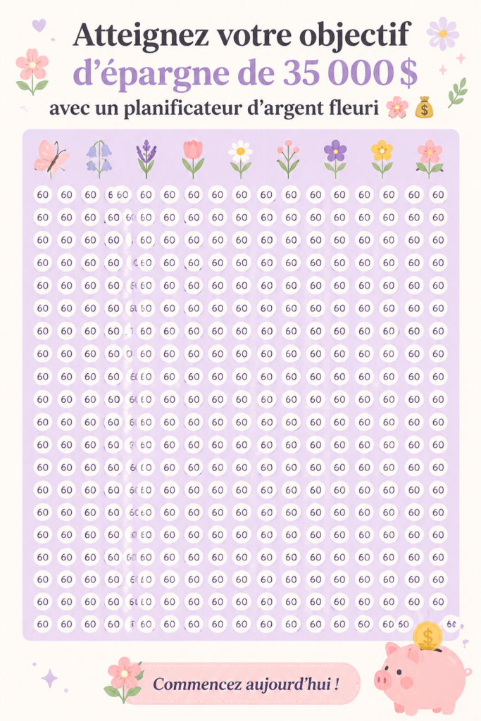 Un planner d'épargne floral ouvert avec des feuilles colorées et un stylo, symbolisant une gestion financière créative.