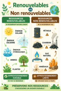 Femme expliquant les différences entre ressources renouvelables et non renouvelables, entourée de panneaux solaires et d'équipements pétroliers.