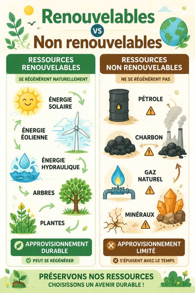 Femme expliquant les différences entre ressources renouvelables et non renouvelables, entourée de panneaux solaires et d'équipements pétroliers.