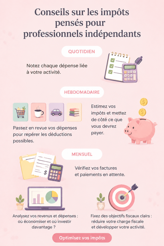Femme indépendante souriante consultant des documents fiscaux
