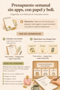 Femme planifiant son budget hebdomadaire avec un carnet et un stylo.