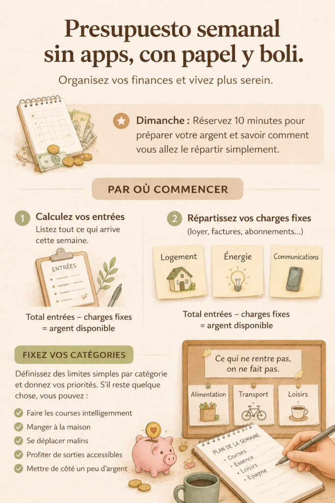 Femme planifiant son budget hebdomadaire avec un carnet et un stylo.