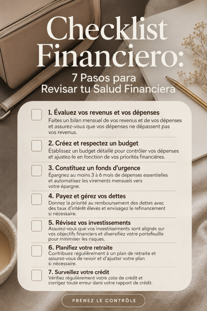 Image d'une checklist pour évaluer la santé financière, incluant des étapes pratiques.