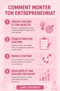Femme souriante travaillant sur son projet entrepreneurial chez elle.