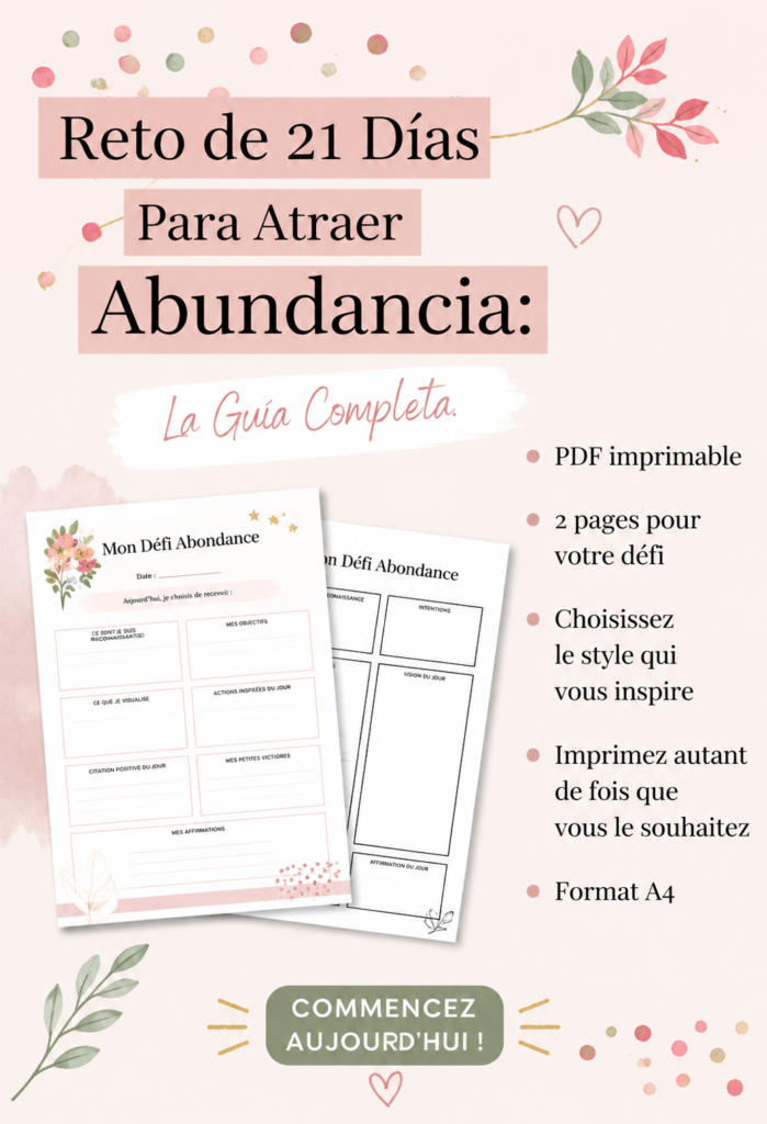 Un carnet ouvert avec des notes sur un défi de 21 jours pour attirer l'abondance financière, sur fond floral.
