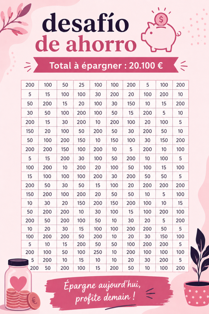 Une femme souriante consultant un tableau d'épargne avec des notes de budget. Thématique : défi d'épargne.