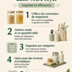Une femme souriante entourée de conseils pratiques pour économiser à la maison.