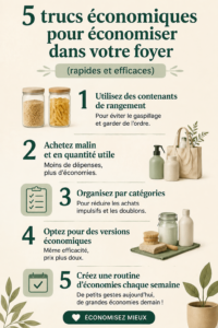 Une femme souriante entourée de conseils pratiques pour économiser à la maison.