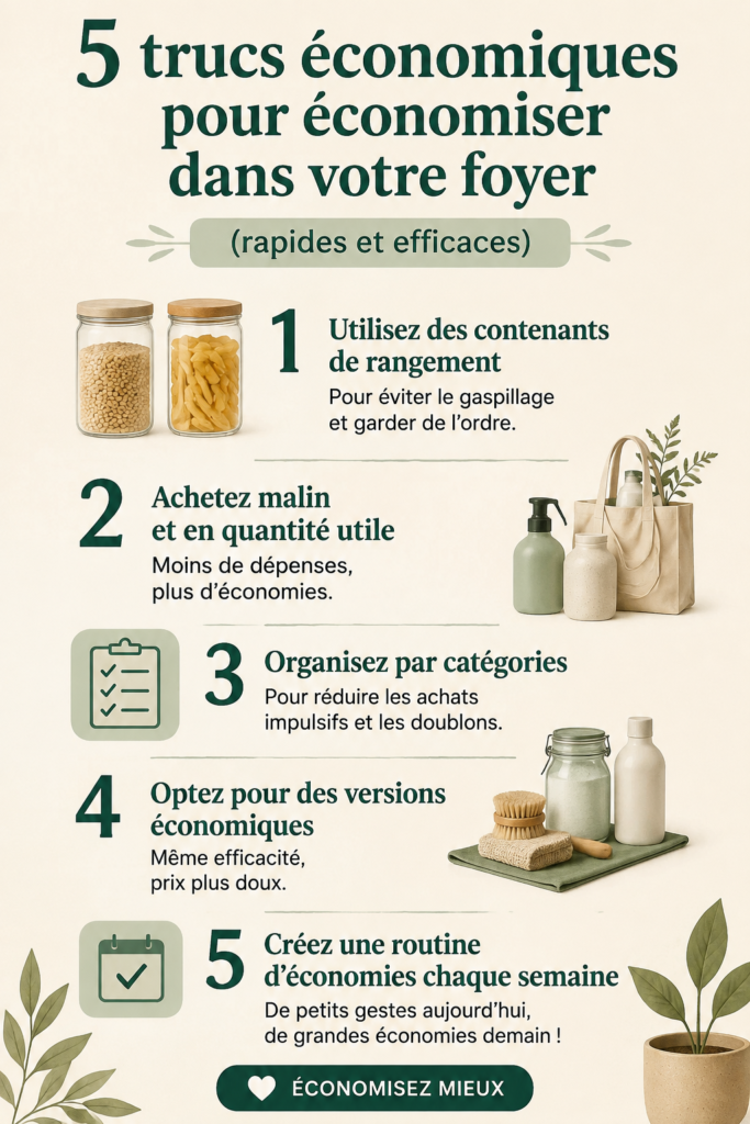 Une femme souriante entourée de conseils pratiques pour économiser à la maison.