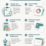 Femme heureuse examinant son budget avec des documents financiers sur la table.