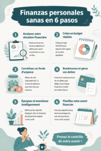 Femme heureuse examinant son budget avec des documents financiers sur la table.