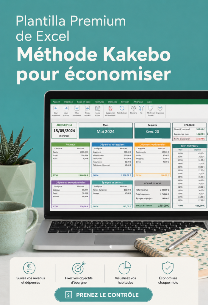 Une illustration de la méthode Kakebo pour gérer son budget personnel, intégrant un carnet et un stylo.