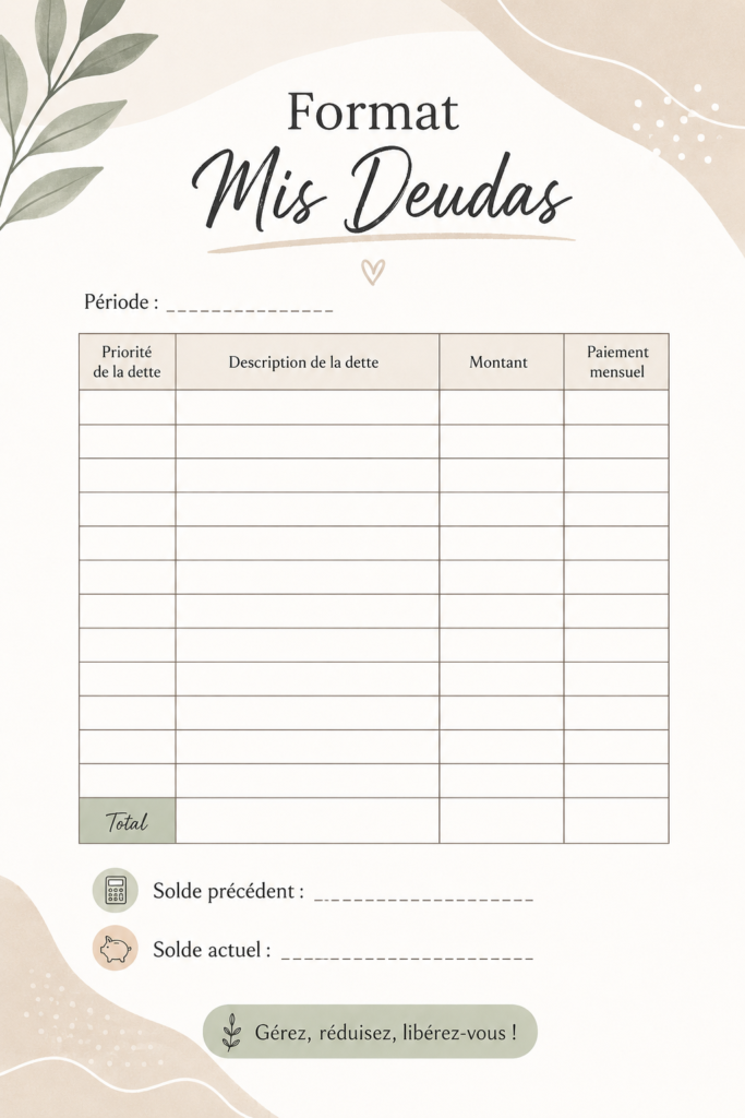 Un exemple de gestion de budget avec le format "Mes Deudas" montrant un tableau de dépenses organisé.