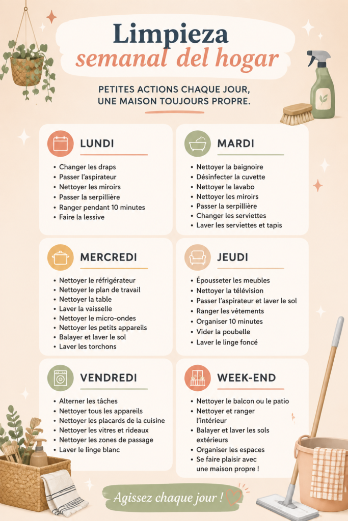 Femme en train de nettoyer sa maison avec joie, illustration d'une routine de ménage hebdomadaire.