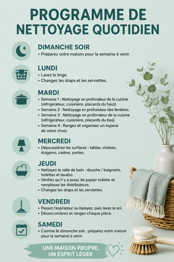 Femme souriante nettoyant son intérieur avec des produits éco-responsables, montrant une routine de ménage agréable.