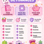 Une femme souriante excluant des graphiques de budget et des notes financières sur une table, illustrant l'organisation des finances personnelles.