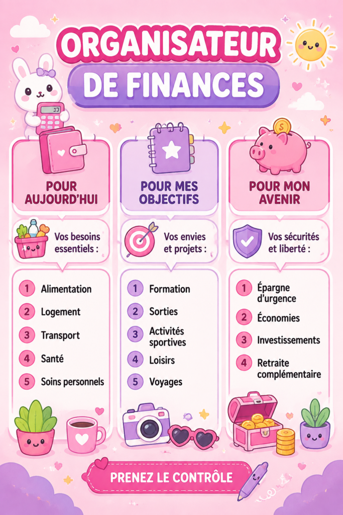 Une femme souriante excluant des graphiques de budget et des notes financières sur une table, illustrant l'organisation des finances personnelles.