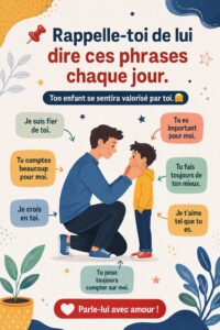 Une maman souriante parlant avec son enfant valorisé par des mots doux