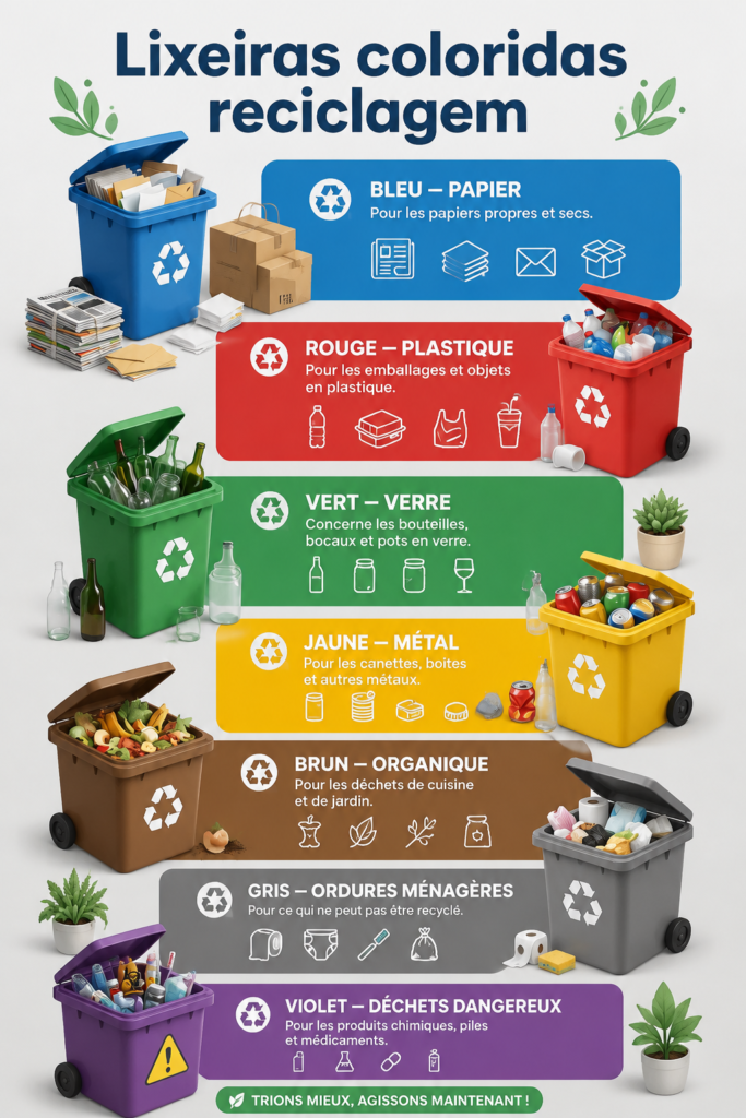 Poubelles colorées pour le recyclage dans une cuisine moderne