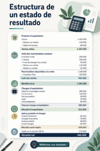 Femme examinant un état de résultat sur son ordinateur, outils de gestion financière autour d'elle.
