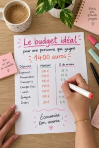 Femme examinant son budget mensuel de 1400 euros avec des notes et un ordinateur portable.