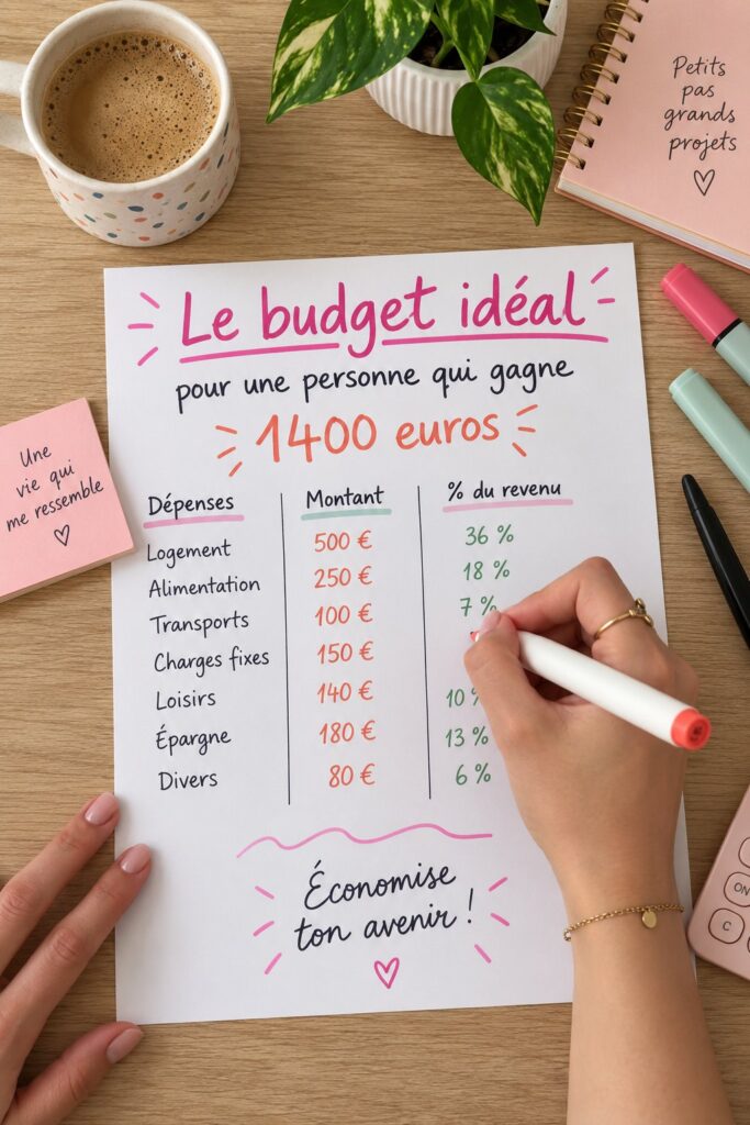 Femme examinant son budget mensuel de 1400 euros avec des notes et un ordinateur portable.