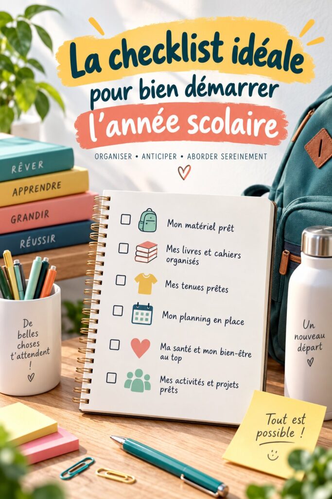 Checklist de préparation pour la rentrée scolaire avec fournitures et organisation.