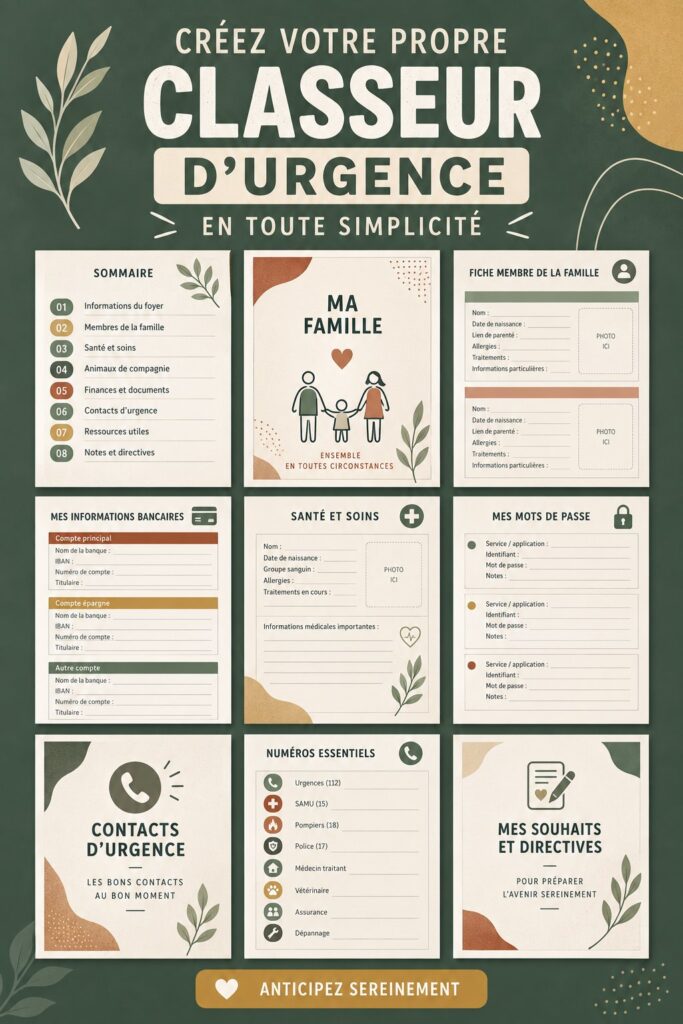 Classeur d'urgence organisé avec des documents importants pour la gestion budget