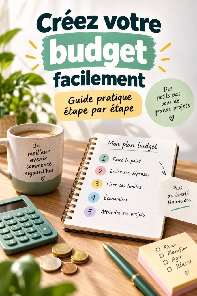 Femme pensant à son budget, entourée de matières pour un budget familial
