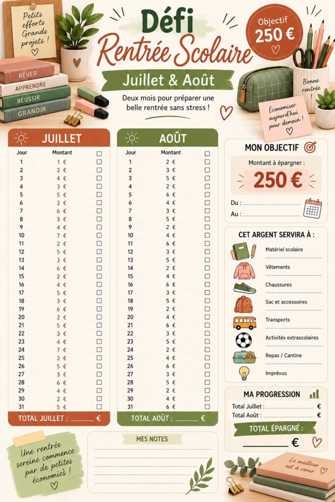 Défi épargne de 250 € pour la rentrée scolaire, plan et économies pratiques.