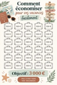 Femme souriante avec un carnet de budget et une tasse de café, planifiant ses vacances.