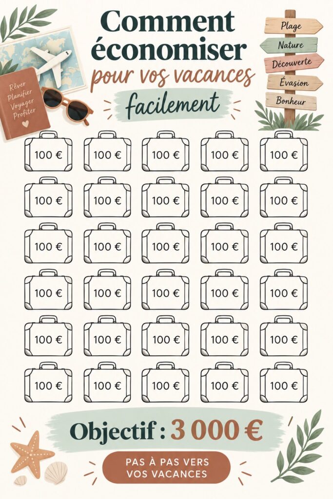 Femme souriante avec un carnet de budget et une tasse de café, planifiant ses vacances.