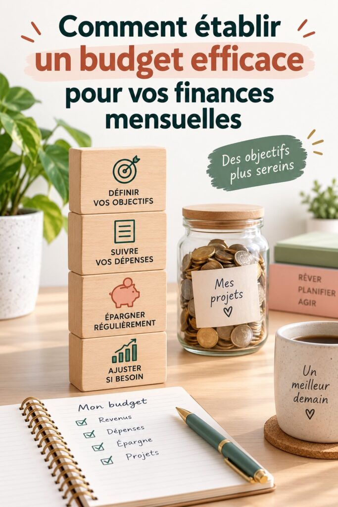Femme souriante en train de faire son budget avec un ordinateur et des notes.