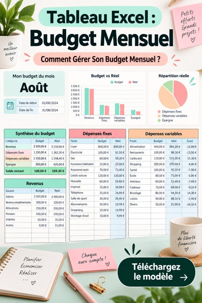 Un tableau Excel avec des colonnes de budget mensuel et des dépenses personnelles