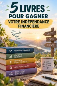 Couverture de livre sur l'indépendance financière sur un fond de table en bois.