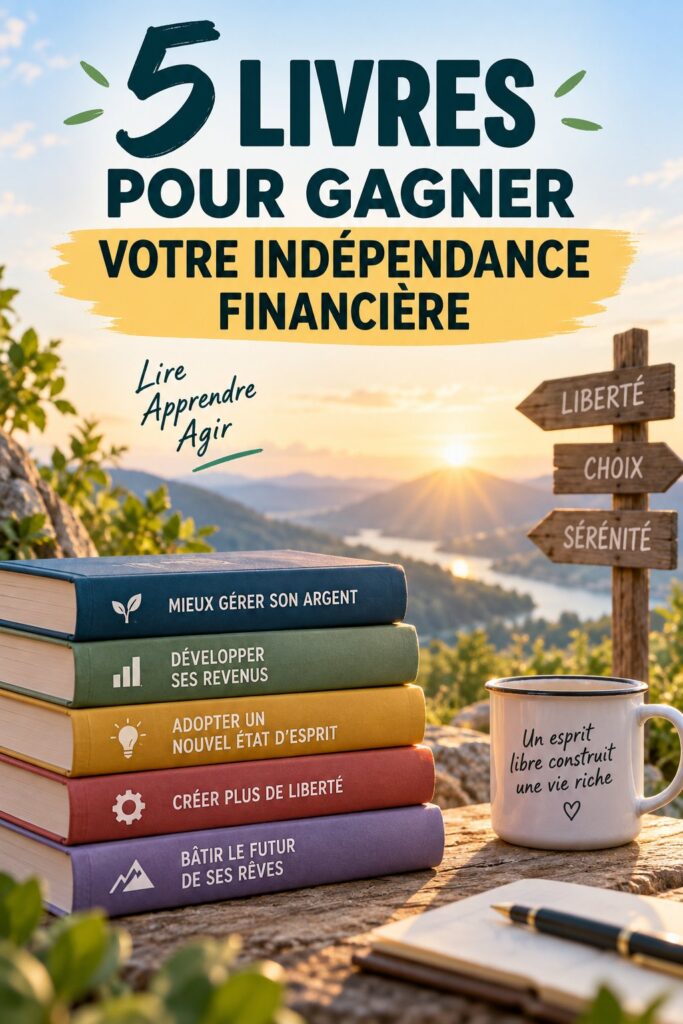 Couverture de livre sur l'indépendance financière sur un fond de table en bois.