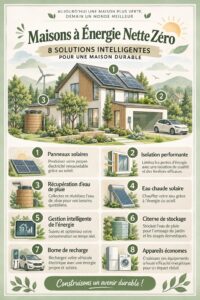 Illustration d'une maison moderne écoresponsable avec des panneaux solaires et des espaces verts, symbole des maisons à énergie zéro.
