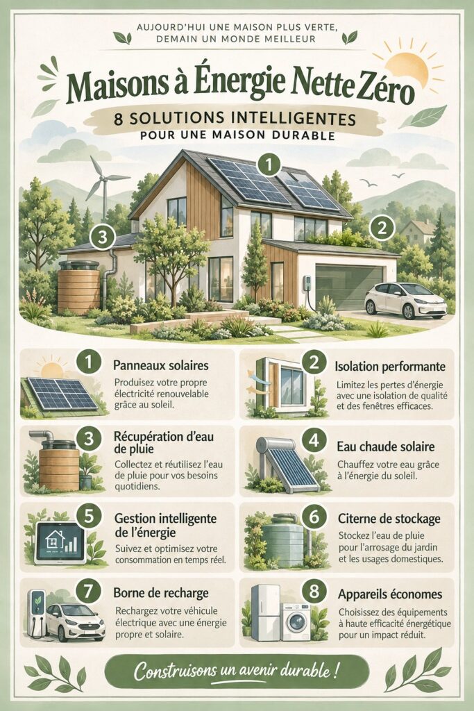 Illustration d'une maison moderne écoresponsable avec des panneaux solaires et des espaces verts, symbole des maisons à énergie zéro.