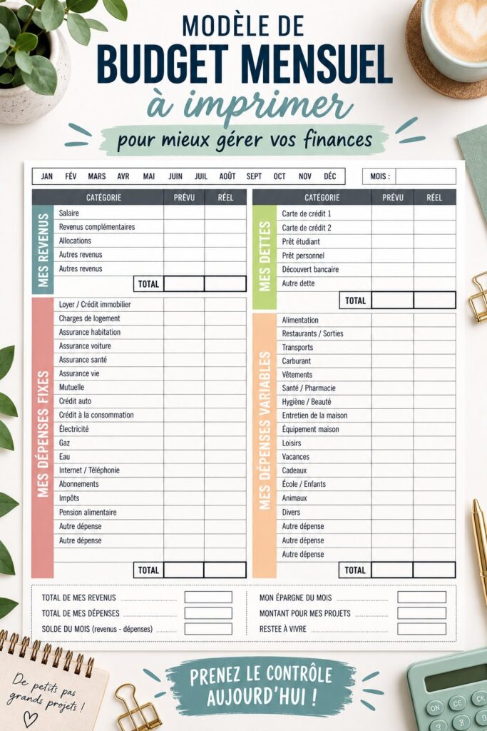 Modèle de budget mensuel imprimable avec des catégories de dépenses