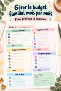 Une femme souriante examinant son budget familial avec des feuilles de calcul.