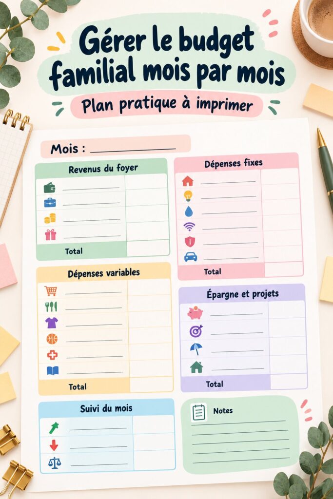 Une femme souriante examinant son budget familial avec des feuilles de calcul.
