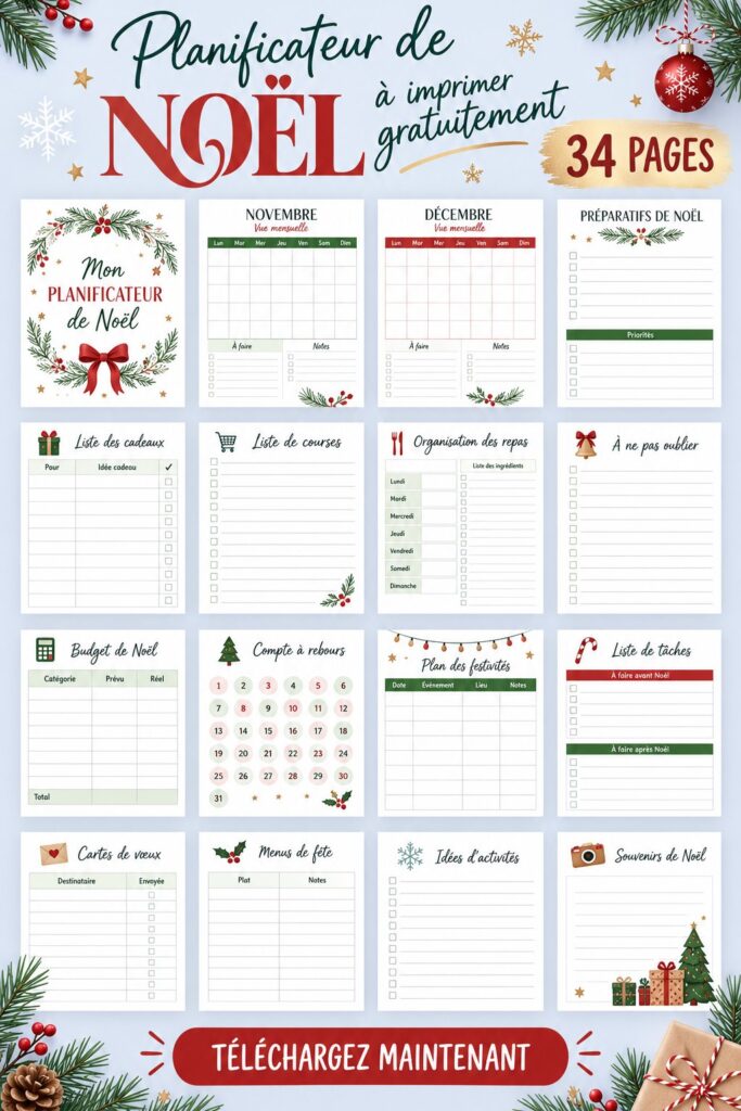 Capture d'écran d'un planner de Noël gratuit avec 34 pages de planification.
