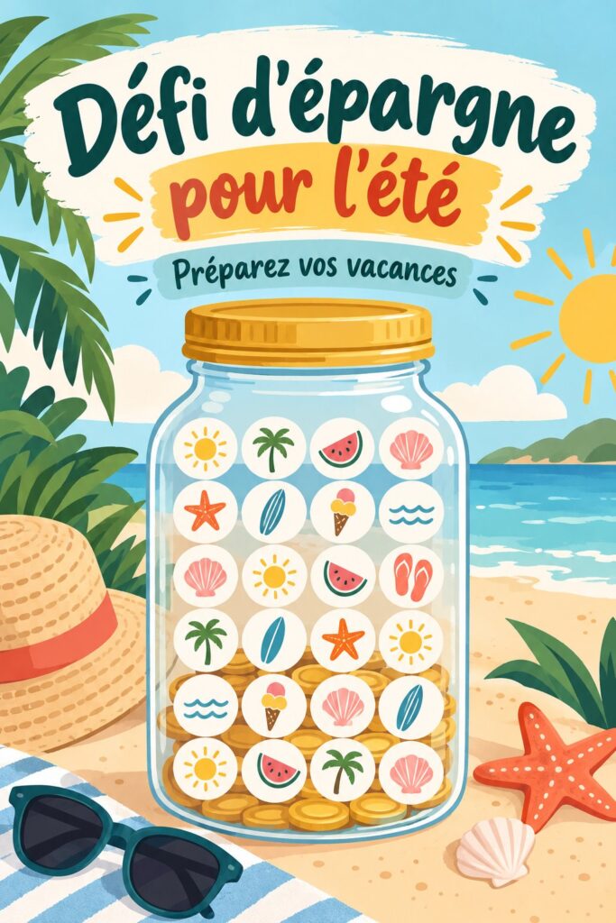 Femme souriante lançant un défi d'économies pour l'été.