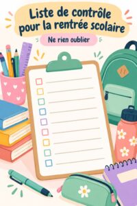 Checklist sur un bureau pour préparer la rentrée 2026, avec des fournitures scolaires et un café.